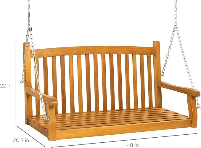 Best Choice Products 48in Wood Porch Swing Outdoor Patio Hanging Bench Chair Furniture for Deck, Garden, Yard w/Mounting Chains, Curved Back Design, 500lb Weight Capacity - Brown