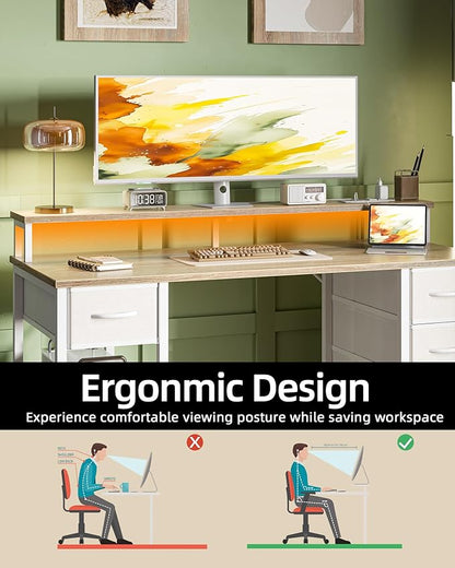 TIQLAB Computer Desk with 4 Drawers, 47 Inch Gaming Desk with LED Lights & Power Outlets, Home Office Desk with Monitor Stand, Study Writing Work Desk for Bedroom, Maple