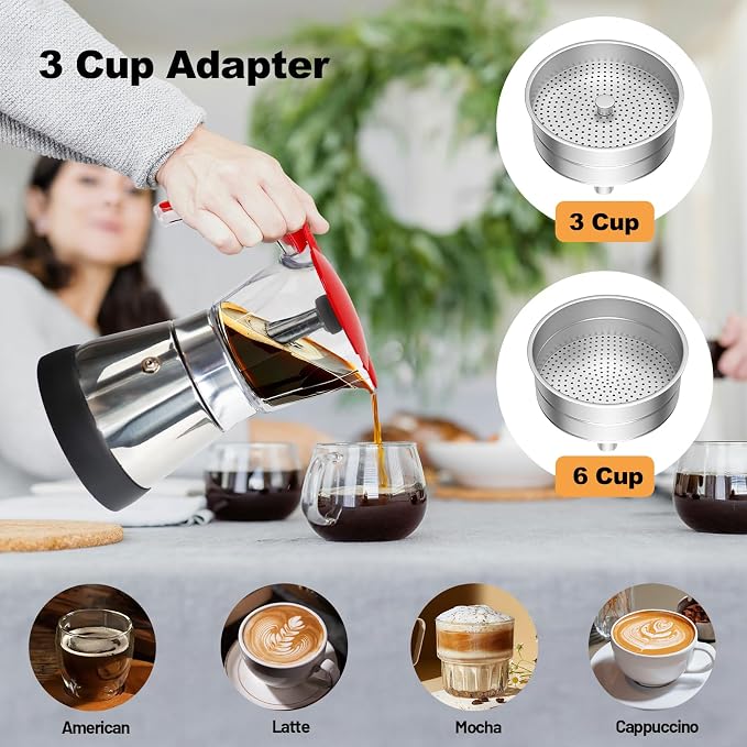 Electric Plastic Clear Moka Pot 3-6 Cup 150-300ml Mocha Pot | Stainless Steel Espresso Maker with Detachable Base Ideal Coffee Maker for Home Italian and Cuban Café Coffeemaker Red