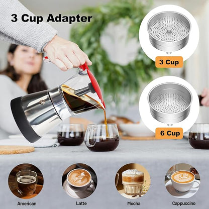 Electric Plastic Clear Moka Pot 3-6 Cup 150-300ml Mocha Pot | Stainless Steel Espresso Maker with Detachable Base Ideal Coffee Maker for Home Italian and Cuban Café Coffeemaker Red