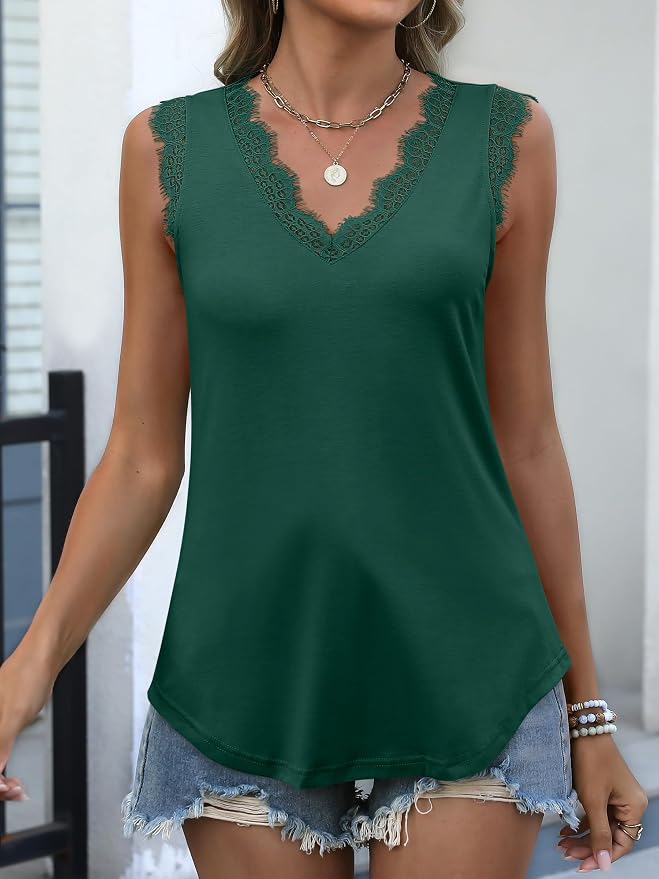 ANRABESS Womens Lace Trim Tank Tops V Neck Sleeveless Shirts 2026 Summer Casual Trendy Dressy Cami Top