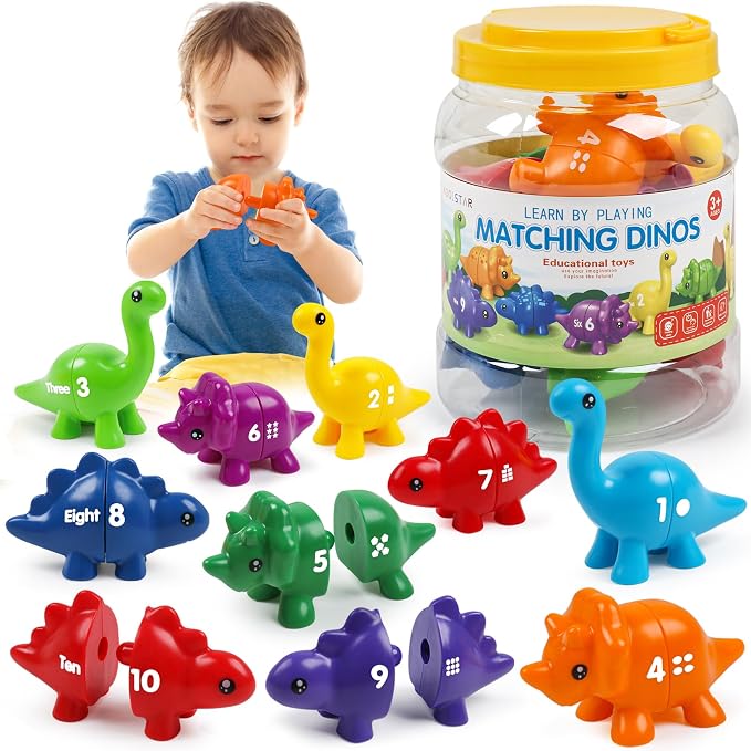 USATDD Numbers Matching Dinosaur Toy 1-10 Counting Sorting Game Double-Sided Dino Fine Motor Toys Number Recognition Learning Toy, Christmas Stocking Stuffers for for Kids Boys Girls