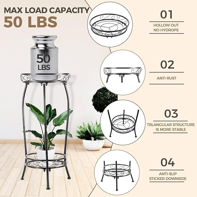 Plant Stand Indoor Outdoor，Tall Black Metal Rustproof Stable Plant Stands，2 Tier 27.1 inch Multiple Plant Rack Holder Rack Flower Pot Stand Heavy Duty Plant Shelf