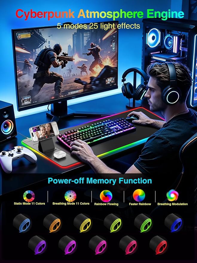 Wireless Charging Mouse Pad with Magnetic Phone Stand, 31.5"x15.8" Large | Gaming Mousepad RGB Desk Mat, Smooth Glide, Stitched Edge, Non-Slip Rubber Base, Waterproof Keyboard Mat, with Adatper