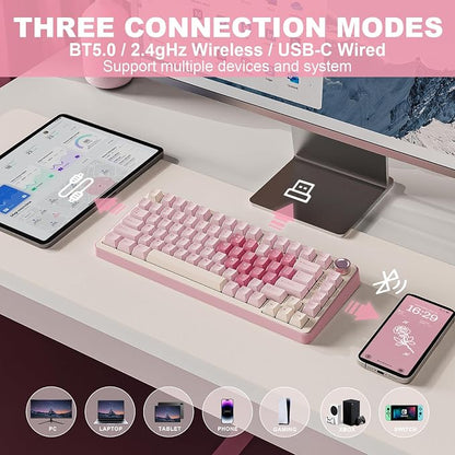 YUNZII B75 PRO 75% Wireless Mechanical Keyboard (Pink,MilkV2) | Hot Swap Keyboard with Knob, Gasket Mount, Creamy Pre-lubed Switch for Smooth Typing, BT/USB-C/2.4G, for Gaming