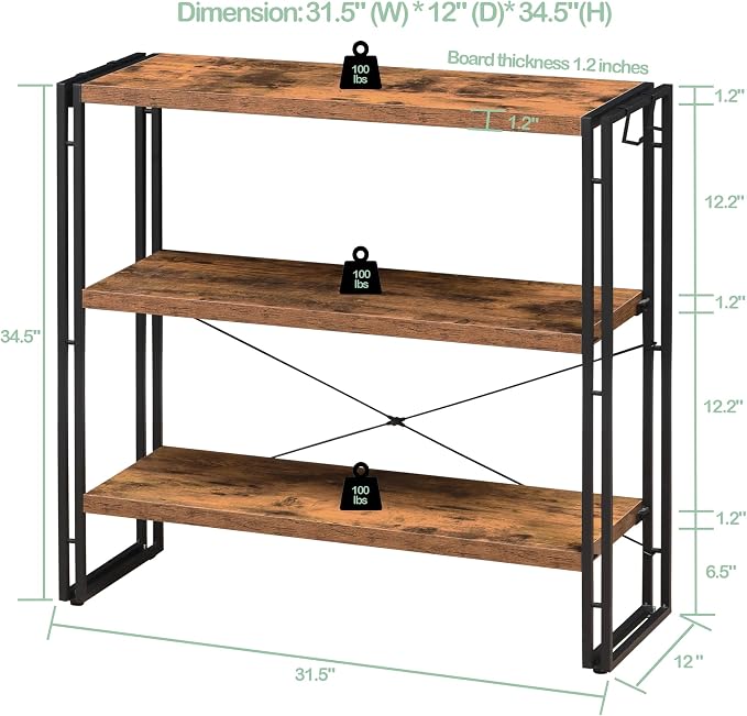 HCHQHS Bookshelf, 3-Tier Industrial Bookcase, Rustic Open Book Shelf, Freestanding Horizontal Bookshelves with Metal Frame