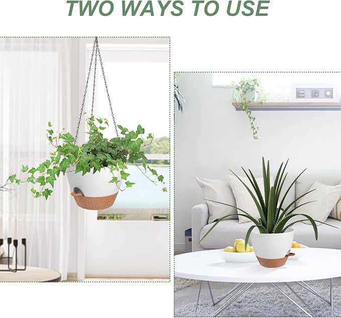 Hanging Planters for Indoor Outdoor Plants, 2 Pack Self Watering Hanging Pot with Drainage Holes & Removable Tray (White, 8'')