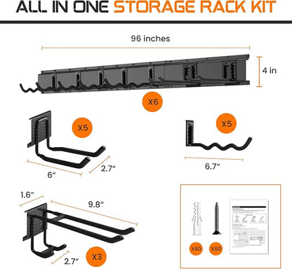 "96 Garage Tool Organizer Wall Mount - Heavy Duty 1020 lbs Metal Storage Rack, Easy Install Adjustable Hooks for Garden Tools Brooms