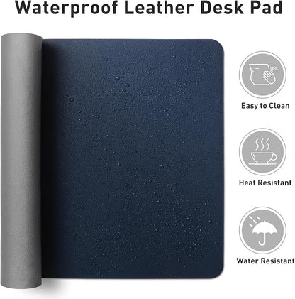 Aothia Faux Leather Desk Mat - Non-Slip PU Leather Desk Blotter, Waterproof Writing Surface, Large Desk Pad for Office & Home (Dark Blue, 55" x 17")