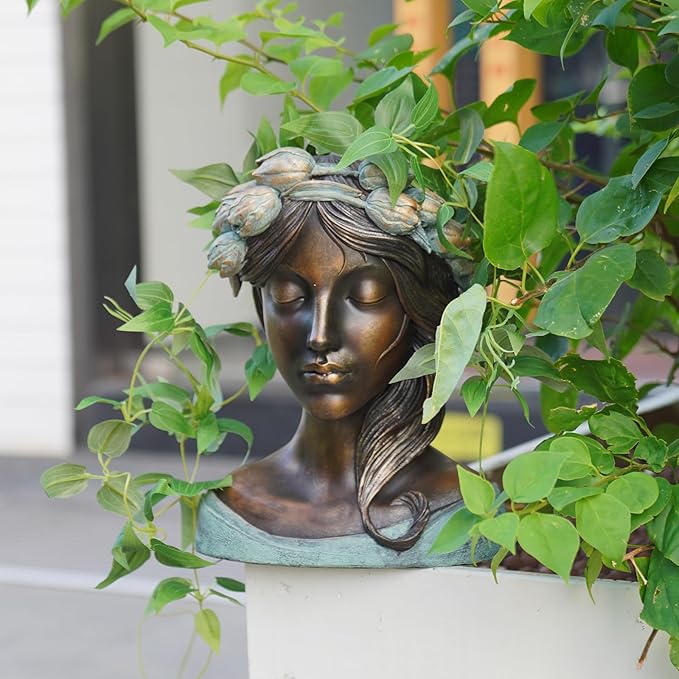 DiliComing Head Planter Face Plant Pots - 10 Inch Flower Pot Succulents Large Outdoor Planters Indoor with Drainage Resin Lady Black Statue for Garden Home Decor Porch Gift for Plant Lovers