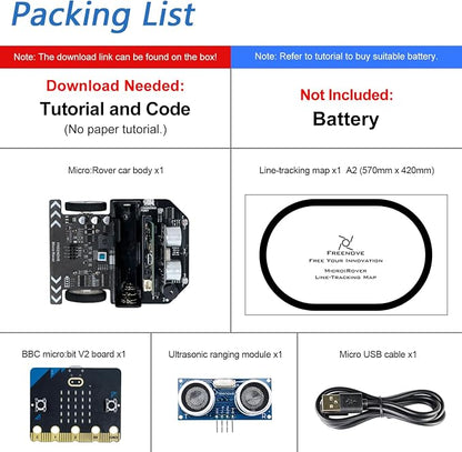 FREENOVE Micro:Rover Kit for BBC Micro:bit (V2 Included), Obstacle Avoidance, Light-tracing, Line-Tracking, Remote Control, Playing Melody, Colorful Lights, Example Projects, Blocks and Python Code