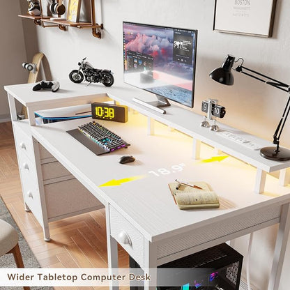 Furologee 60" White Computer Desk with 4 Drawers, Power Outlet, LED Lights | Home Office Desk with Full Monitor Stand,Storage Shelves, 4 File Drawers Cabinet ,Printer Space for Study Working Bedroom