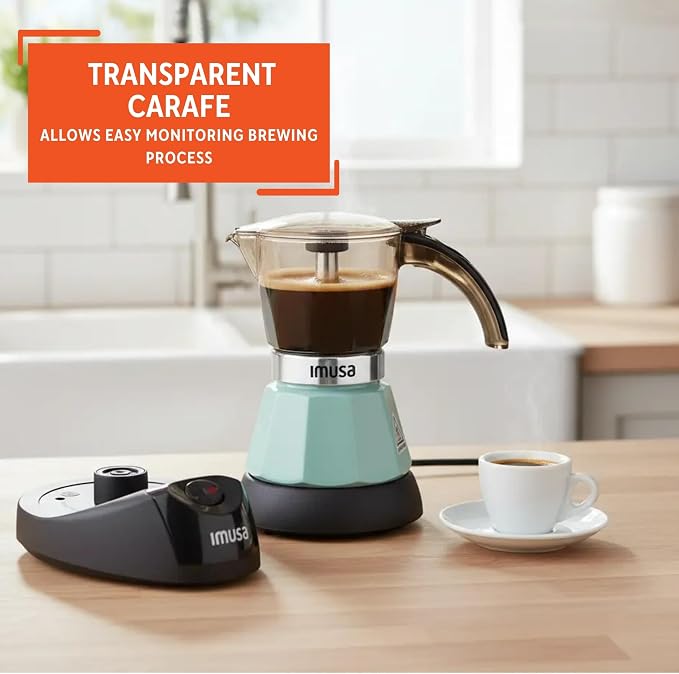 IMUSA 3 or 2 Cup Electric Espresso Maker with Cool-touch Handle, Mint | Polished Aluminum Finish, Keep Warm Function with Detachable Base, Brews Cuban and Italian Style, Perfect for Small Spaces