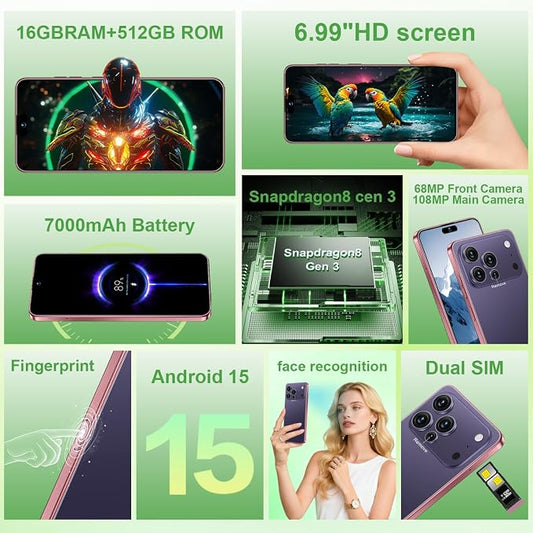 17 PMAX Unlocked Cell Phone,16GB+512GB Smartphone,6.99" HD Screen Android 15 5G Phones,Battery 7000mAh Android The Phone,Fingerprint Button Unlock/GPS/Face ID/Dual SIM/5G (Deep Purple)