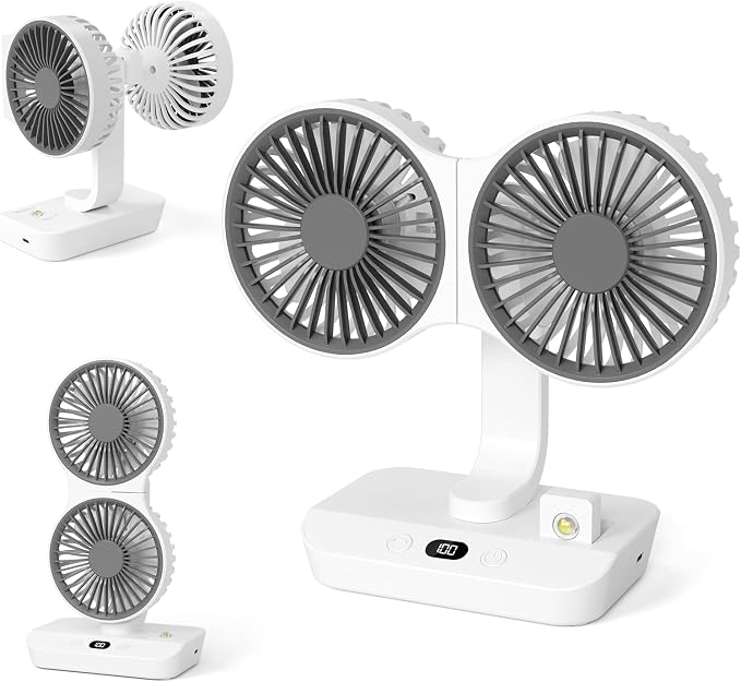 Morelax Dual Head Desk Fan with LED Light, USB Rechargeable Portable Mini Fan, Quiet Desktop & Wall-Mounted Fan, Multi-Angle Rotation, 4 Speeds, for Bedroom, Home, Office, Camping
