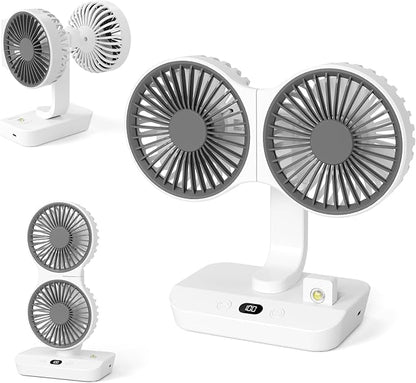 Morelax Dual Head Desk Fan with LED Light, USB Rechargeable Portable Mini Fan, Quiet Desktop & Wall-Mounted Fan, Multi-Angle Rotation, 4 Speeds, for Bedroom, Home, Office, Camping