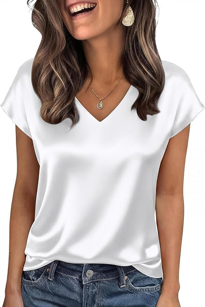 WIHOLL Womens Satin Summer Tops Cap Short Sleeve Blouses V Neck Shirts Business Casual Outfits Fashion Clothing 2026