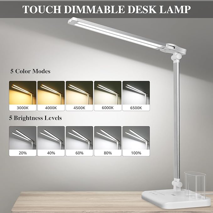 iVict Dual Swing Arm LED Desk Lamps, 5 Light Modes x 10 Brightness Levels Desk Light with USB Charging Port, 45 Minutes Auto Timer Table Lamp, Desk Lamp for Home Office, Bedroom, Reading/Study