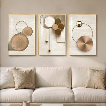 Framed Modern Luxury Gold Wall Art for Living Room, 3 Piece Bright Style Art Prints Paintings Artwork for Walls, Bronze Cirle Geometric Pictures for Dining Room Office Bedroom Hallway Wall Decor 16x24 In