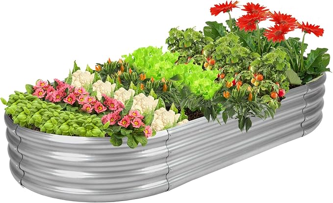 Raised Garden Bed Galvanized Planter Box Outdoor, 5ft Oval Large Rot-Resistant Metal Garden Bed Planter for Vegetables Flower Herb (Silver)