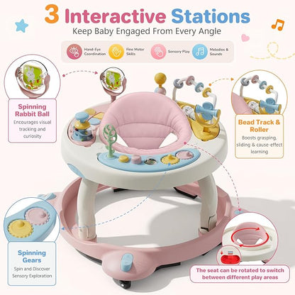 Baby Walker with Wheels, Foldable Baby Walker for Baby 6-12 Months, 3-Position Rotating Seat with Interactive Activity Center, Music Buttons, Baby Walkers for Boys Girls(Pink)