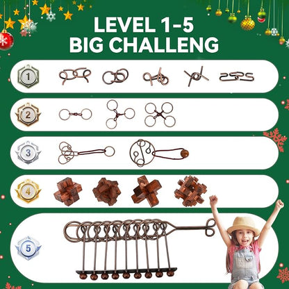 24 Pcs Brain Teaser Puzzles for Adults - Metal & Wooden 3D IQ Test Logic Game, Unlock Interlocking Brain Puzzle Toys for Teens Kids, Smart Educational Desk Toy for Mind Challenges