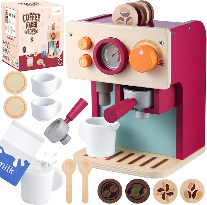 GAGAKU Wooden Coffee Machine Toy for Toddlers, Montessori Learning Toys for 3 4 5 Year Old Girls & Boys, Realistic Pretend Play Kitchen Accessories with Espresso Maker & Latte Art Set
