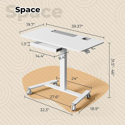 40"×20" Mobile Desk with Drawer, Rolling Desk with Storage | Height Adjustable Portable Laptop Desk on Wheels, Small Computer Desk with Cup Holder and Hooks for Study & Work, White