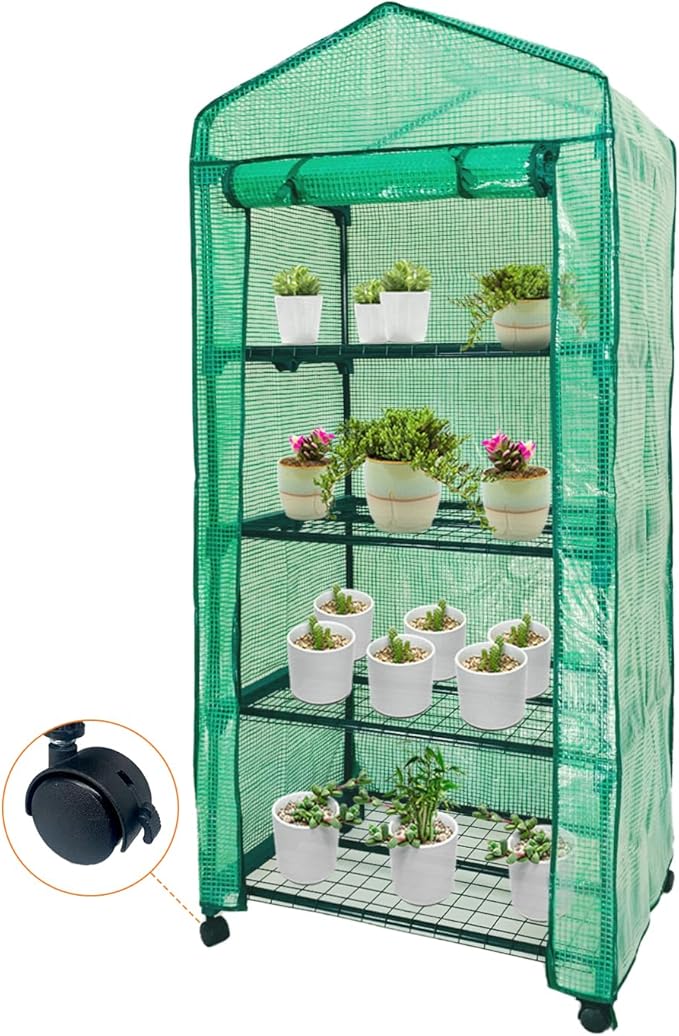 Mini Greenhouse,4 Tier Small Portable Greenhouses Kit with Caster Wheels and Roll-up Zipper PE Cover,Green House for Indoor Outdoor Seedling and Plant Growing 27.6" L x 19.7" W x 65" H,Green