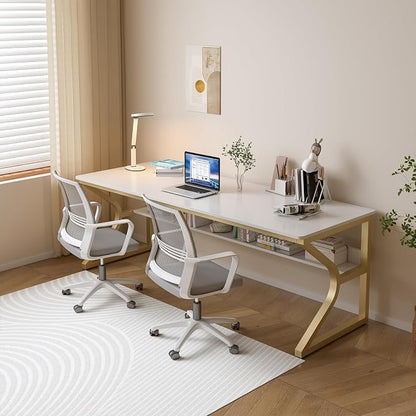 OSCHF 71-Inch Extra Long Desk with Storage Shelf, Gold | Double Long Writing Table, Space-saving, 2-Person Workstation, Modern Study Work Computer Desk, For Home Office