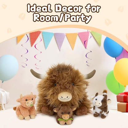 MorisMos Highland Cow Stuffed Animal with Baby Inside Belly,20'' Mommy Brown Highland Cow Gift for Kid Girl Boy Hyland Cow Pillow, Cute Farm/Wildlife Stuffed Animals for Birthday Party Decor