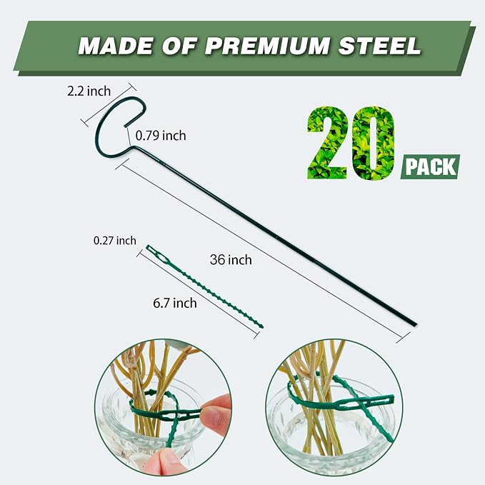 20 Pack 36 Inch Plant Support Stakes for Outdoor Plants and Indoor Flowers | Includes 24 Twist Ties, Sturdy metal, Rust-proof, Supports Hibiscus, Sunflower, Red Hot Poker, Hydrangea, Tomato, and more