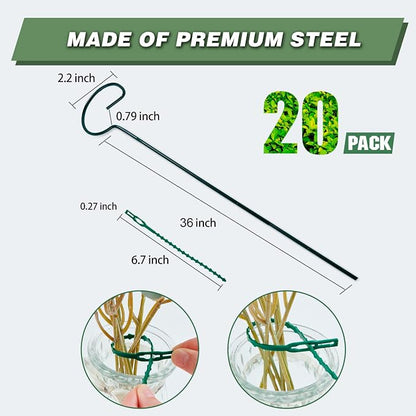 20 Pack 36 Inch Plant Support Stakes for Outdoor Plants and Indoor Flowers | Includes 24 Twist Ties, Sturdy metal, Rust-proof, Supports Hibiscus, Sunflower, Red Hot Poker, Hydrangea, Tomato, and more