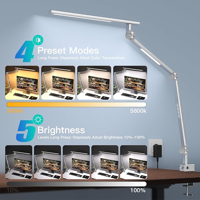 LED Desk Lamp, Desk Light for Home Office, Dual Light Source 18W Brightest, Eye-Caring Optical Lens, Task Lamp, 5 Color Modes & Brightness, Aluminum Alloy Clip on Lamp, Clamp Lamp, Silver