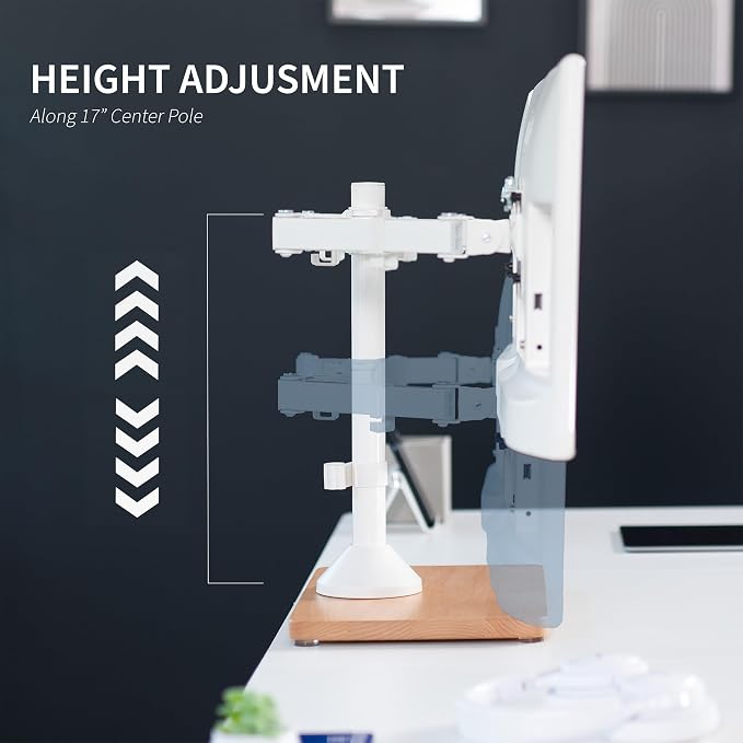 VIVO Dual Monitor Desk Stand for 13 to 32 inch Screens, STAND-V002FD-W | Articulating, Freestanding Adjustable Monitor Arm, White with Wood Base, Computer Stand for 2 Monitors, Holds 22 lbs Each
