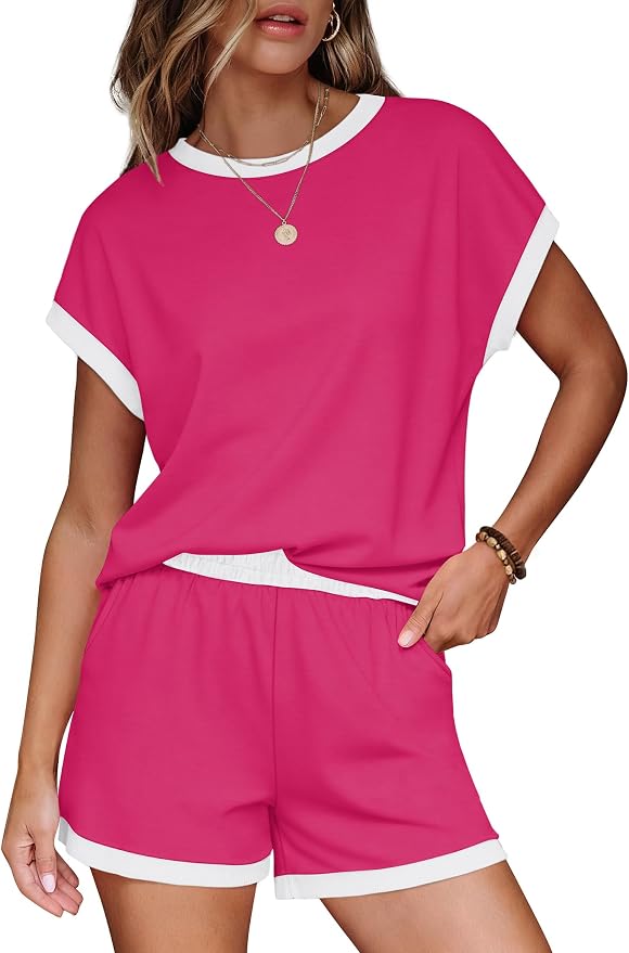 WIHOLL Two Piece Sets for Women Summer Lounge Short Sets Cap Sleeve Crew Neck Sweatsuit with Pocket XS-2XL