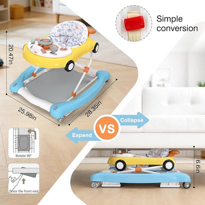 5-in-1 Convertible Baby Walker with Steering Wheel Music Activity Center – Infant Rocker, Jumper, Push Walker, Bouncer & Feeding Foldable Walker for Ages 6-18 Months Boys Girls (Yellow Blue)