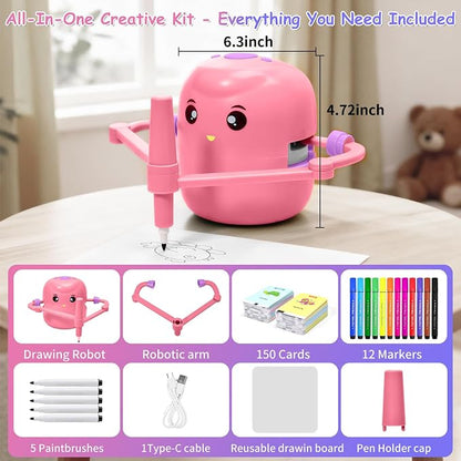 Drawing Robot for Kids, Voice Interactive Educational Drawing Machine with 150 Drawing Cards, Montessori Learning Toys for Kids Ages 3-8, for Boys & Girls (Pink)