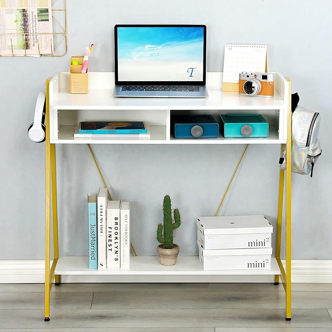TEAMIX Small White Desk with Drawer and Shelf, Wood Computer Desk for Laptop PC, Gaming Desk with Hooks Vanity Makeup Desk for Girls Home Office Desk