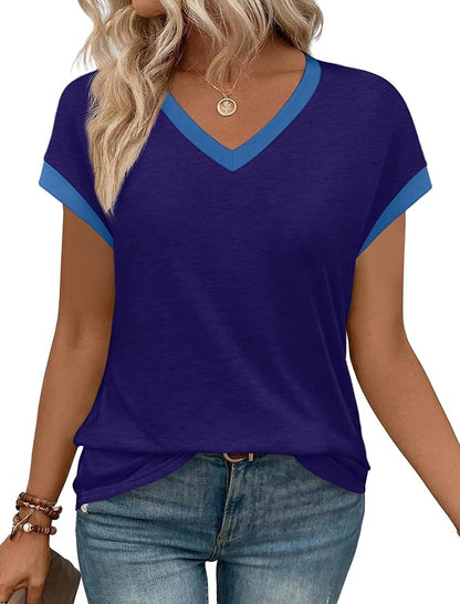 WIHOLL Womens Summer Tops 2026 Cap Short Sleeve Shirs V Neck T Shirts Fashion Beach Vacation Clothes Color Block