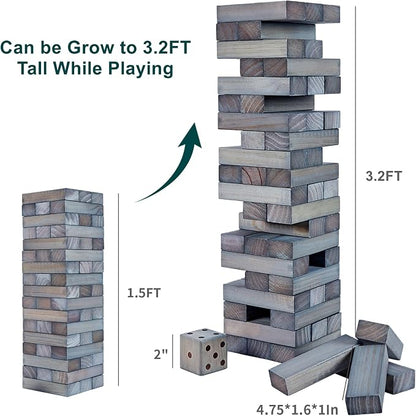 ApudArmis 54 PCS Tumble Timber Set Up to 3.2FT, Pine Wooden Tumble Tower Game with Dice and Scoreboard Set - Classic Block Stacking Board Game for Adults Teenagers (Gray)
