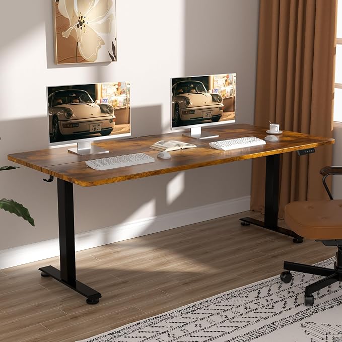 Veken Standing Desk, 63×27.6 Inch Electric Gaming Table, Brown | Height Adjustable Sit Stand Up Computer Tables for Home Office, Study , Writing, Suit students, employees and group work