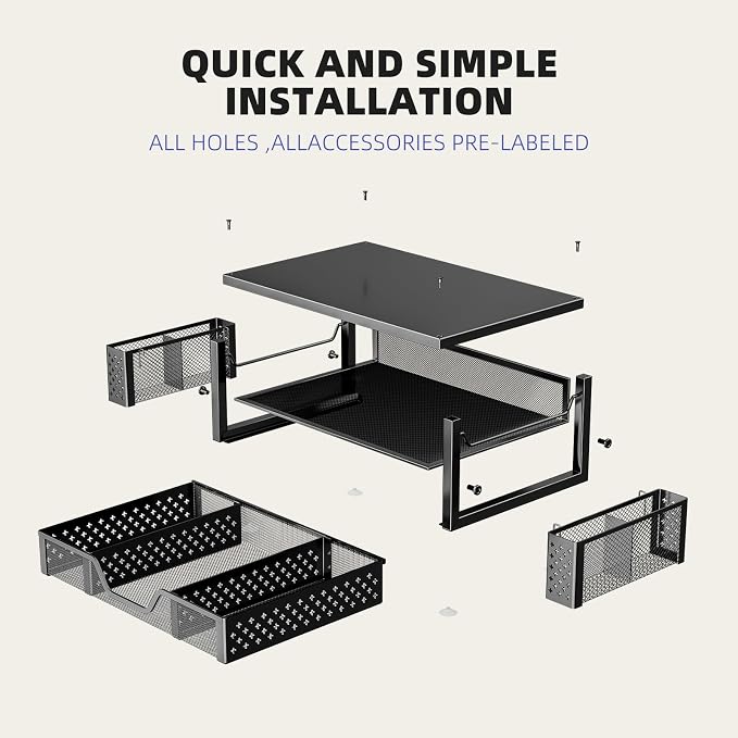 Simple Trending 2-Tier Monitor Stand Riser, Drawer & 2 Pen Holders, Black | Sturdy Material, Anti‑Slip Pads, Ergonomic Support, Space Saving, Easy Setup