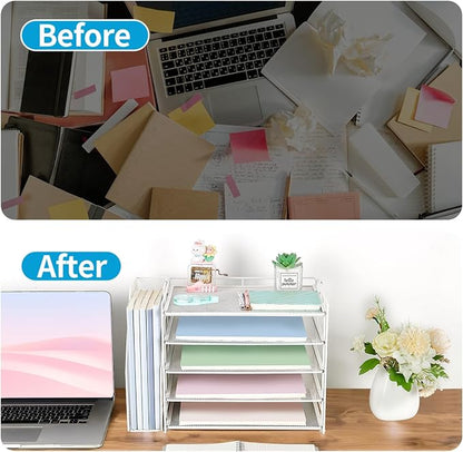 AUPSEN Desk Organizers and Accessories, 5-Tier Desktop Paper File Organizer with Removable File Holder, Desk Accessories & Workspace Organization for Home Office Supplies (White)
