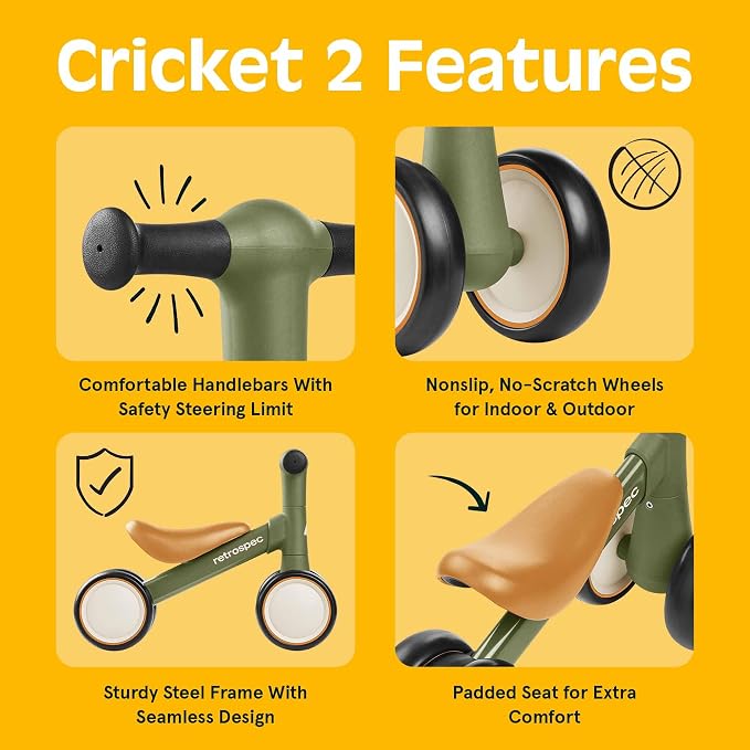 Retrospec Cricket 2 Baby Walker Balance Bike with 4 Wheels - Safe Learning Toy for Ages 12-24 Months - Scratch-Resistant Indoor Outdoor Toddler Riding Toy with Steering Limit & Soft Grips