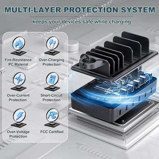 Charging Station for Multiple Devices, 6 in 1 Charger Station Multiple Charging Station for Cellphone Tablet iPhone iPad and More-50W Charging Dock with Mixed Charging Cables