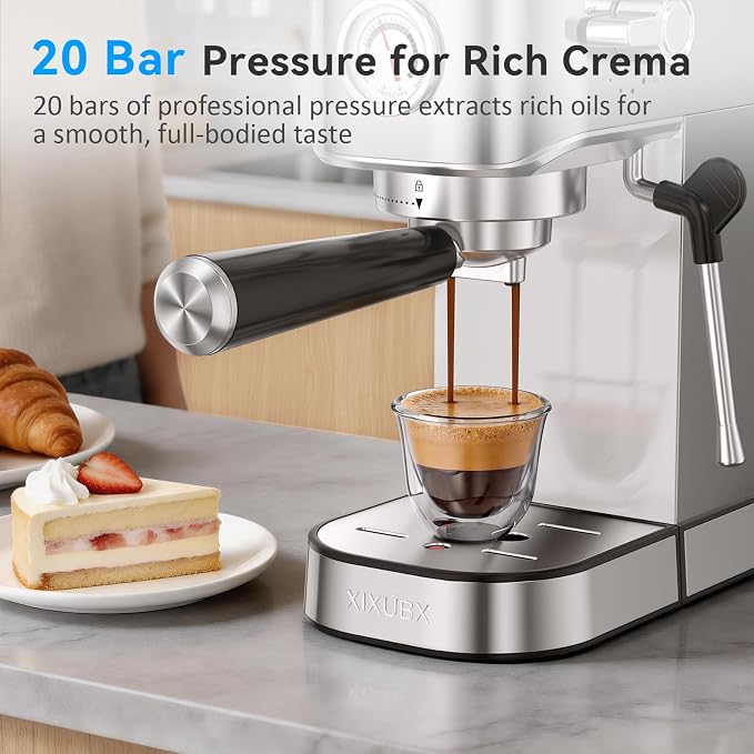 XIXUBX Espresso Machine with Milk Frother for Cappuccino & Latte for Home | 20-Bar Pump, Built-in Pressure Gauge, Powerful Steam Wand, Milk Frothing Pitcher, 42 oz Removable Water Tank, Stainless Steel
