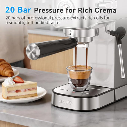 XIXUBX Espresso Machine with Milk Frother for Cappuccino & Latte for Home | 20-Bar Pump, Built-in Pressure Gauge, Powerful Steam Wand, Milk Frothing Pitcher, 42 oz Removable Water Tank, Stainless Steel