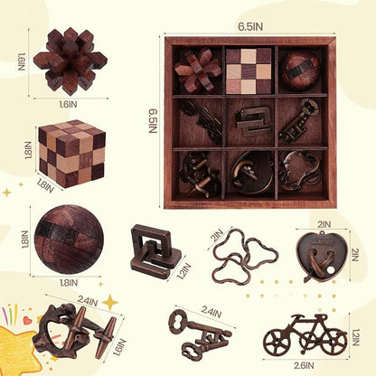 9 Pcs Brain Teaser Puzzles for Adults Teens - Brain Teaser Puzzles with Wooden Box 3D Puzzle Game Toys for Adults Teens - Unlock Interlocking Puzzle Adults Teens IQ Education Smart Toys