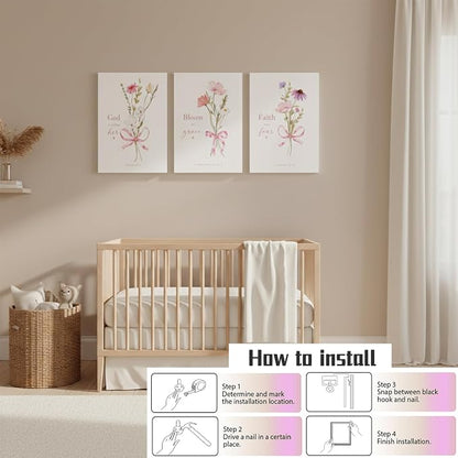 Baby Girl Nursery Wall Art Set of 3 Pink Bow Floral Canvas Prints, Christian Bible Verse Nursery Decor, Cute Flower Posters Pictures with Scripture for Girls Room Bedroom Framed 16x24 Inch